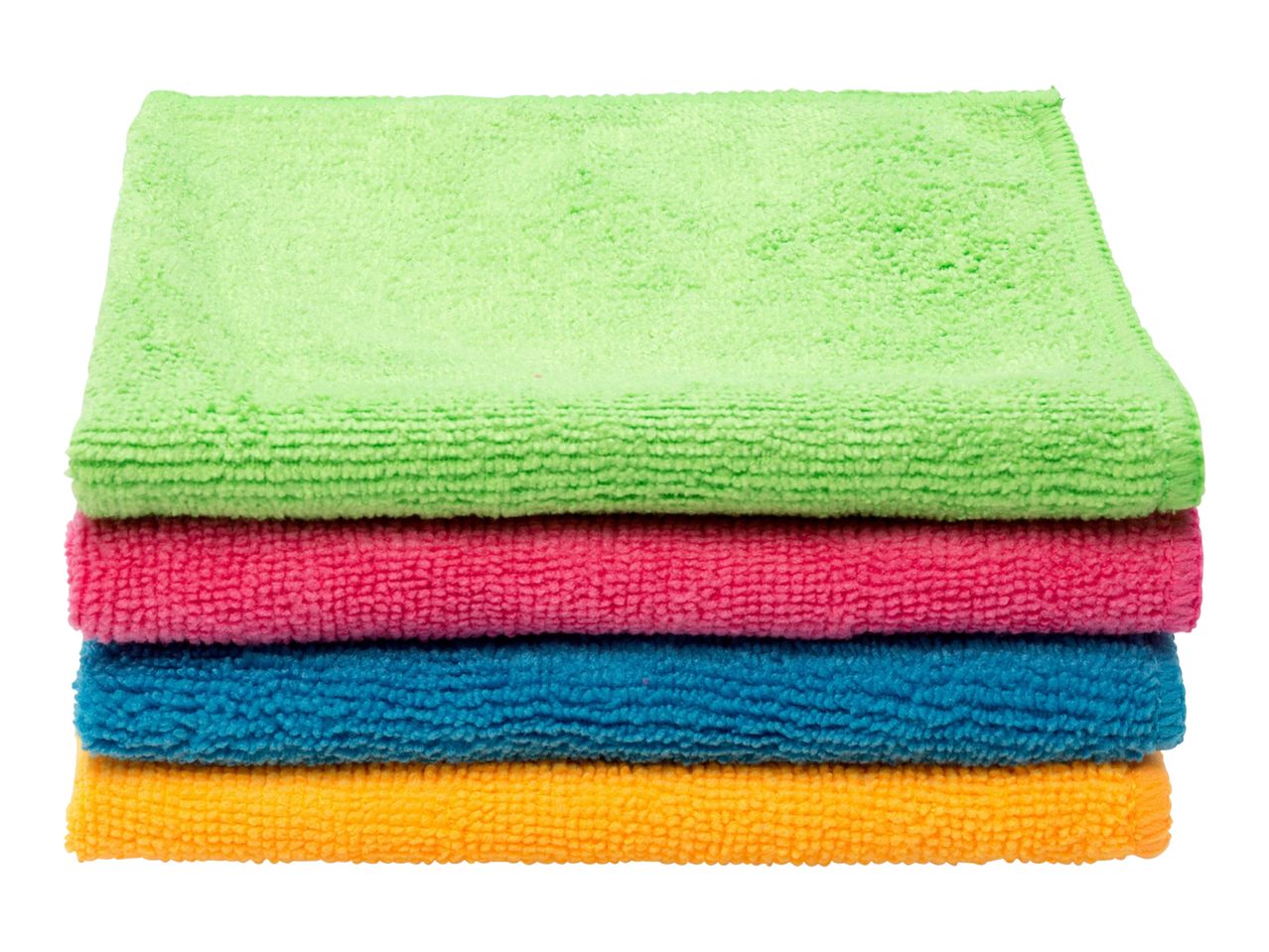Stack of four colorful microfiber cleaning cloths in green, pink, blue, and orange.