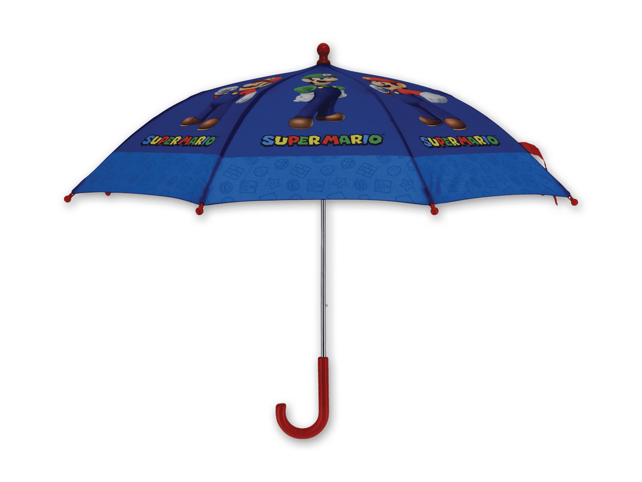 Blauer Super Mario Regenschirm mit Mario- und Luigi-Figuren.