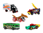 Fünf Hot Wheels Fahrzeuge: ein Lastwagen, ein Abschleppwagen, ein Dino-Fahrzeug, ein Schulbus und ein Militärfahrzeug.