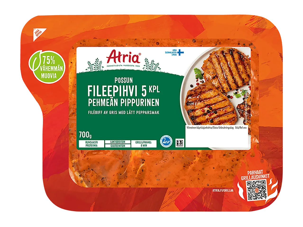 Porsaan fileepihvit, 5 kpl, miedosti pippuroitu, 700g, vähämuovinen pakkaus.