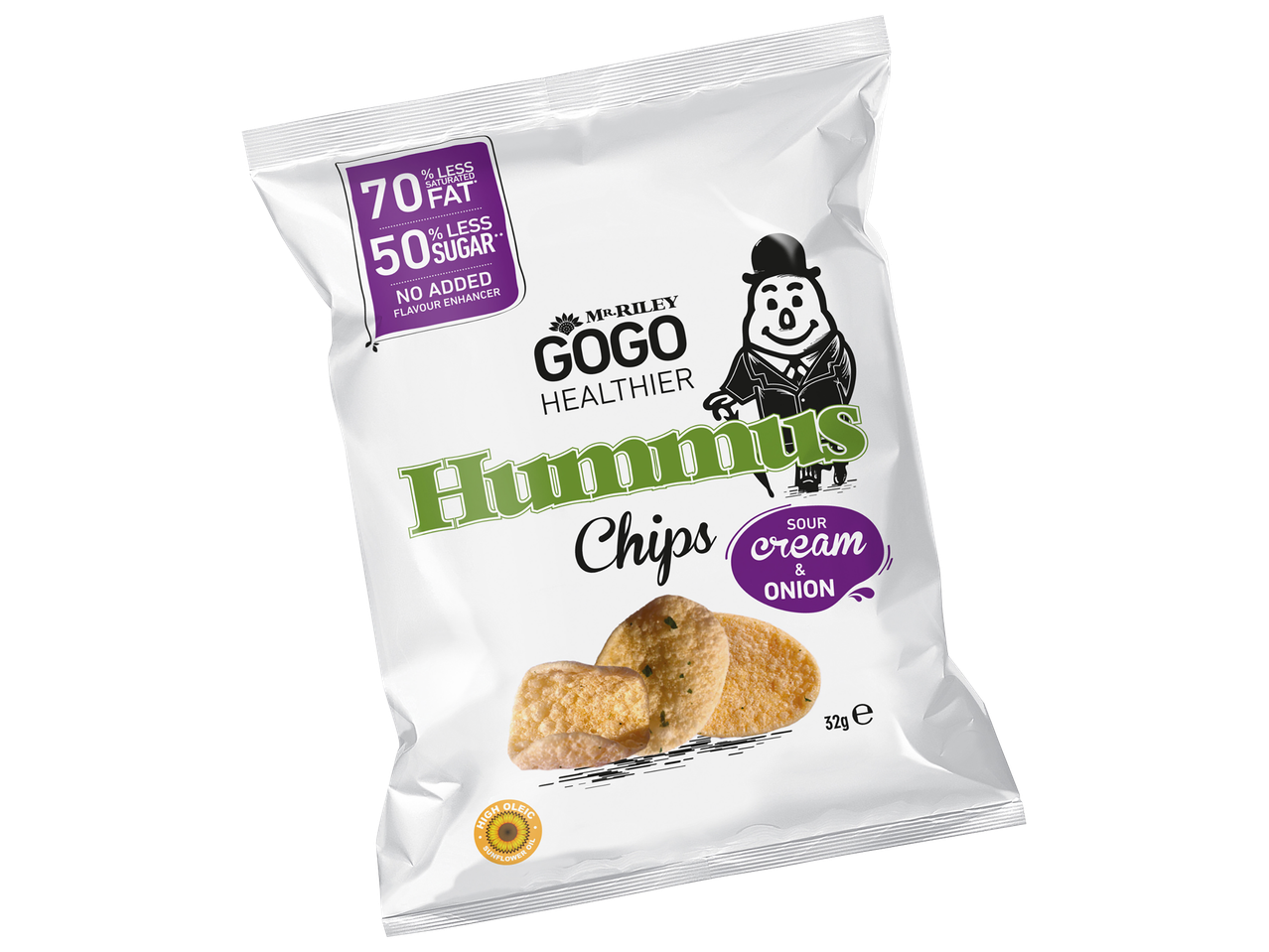 Mr. Riley Gogo Healthier Hummus Chips, Sour Cream & Onion flavor, 32g.