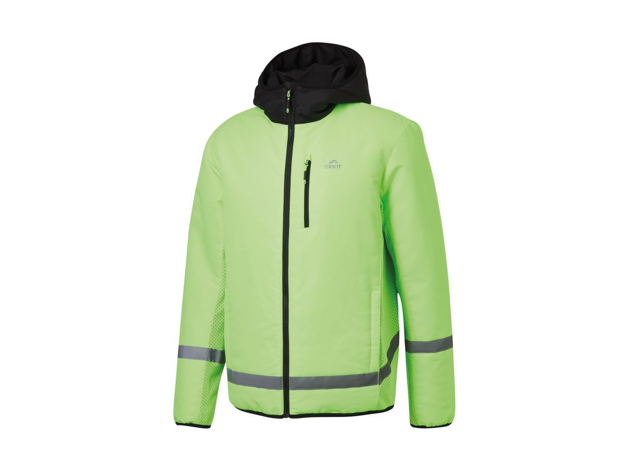 Crivit lime green hooded jacket with reflective strips.