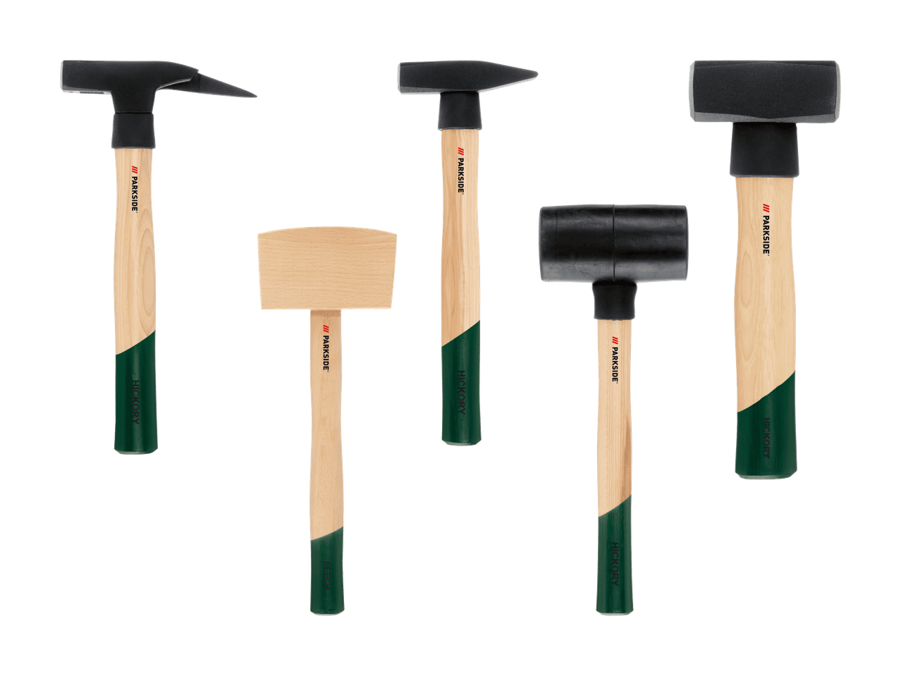 Fünf Parkside Hämmer mit Holzstielen, darunter ein Gummihammer und ein Holzhammer.