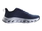 Dark blue athletic shoe with a white sole and cut-out details.