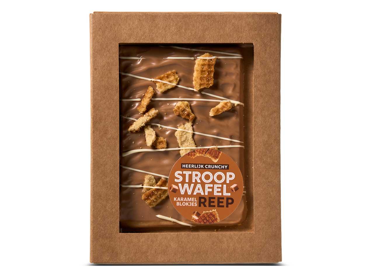 Melkchocoladereep met stroopwafelstukjes en karamelblokjes in een kartonnen verpakking.