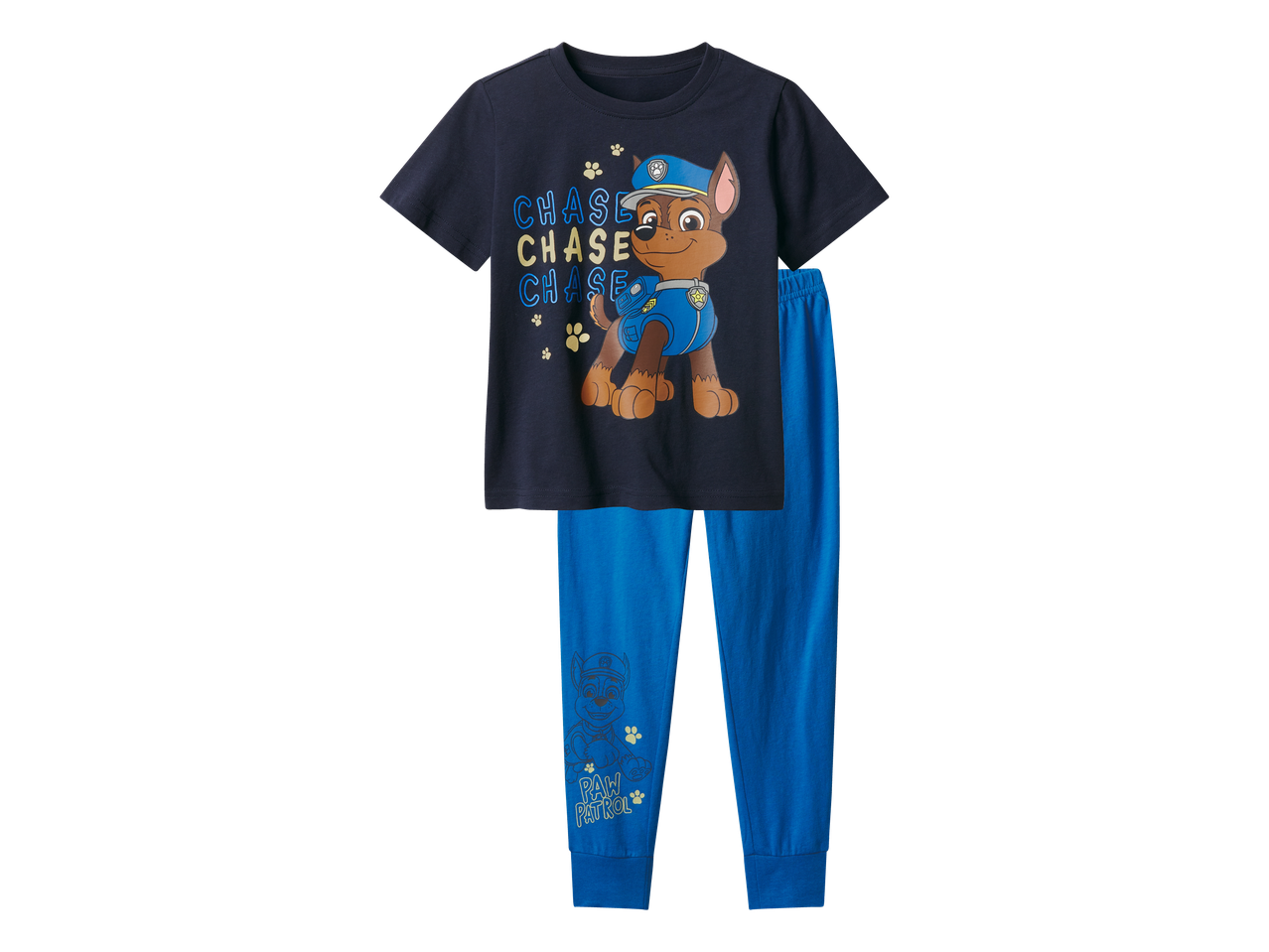 Dječja pidžama s kratkim rukavima i dugim hlačama s motivom psa i natpisom 'CHASE' i 'PAW PATROL'.