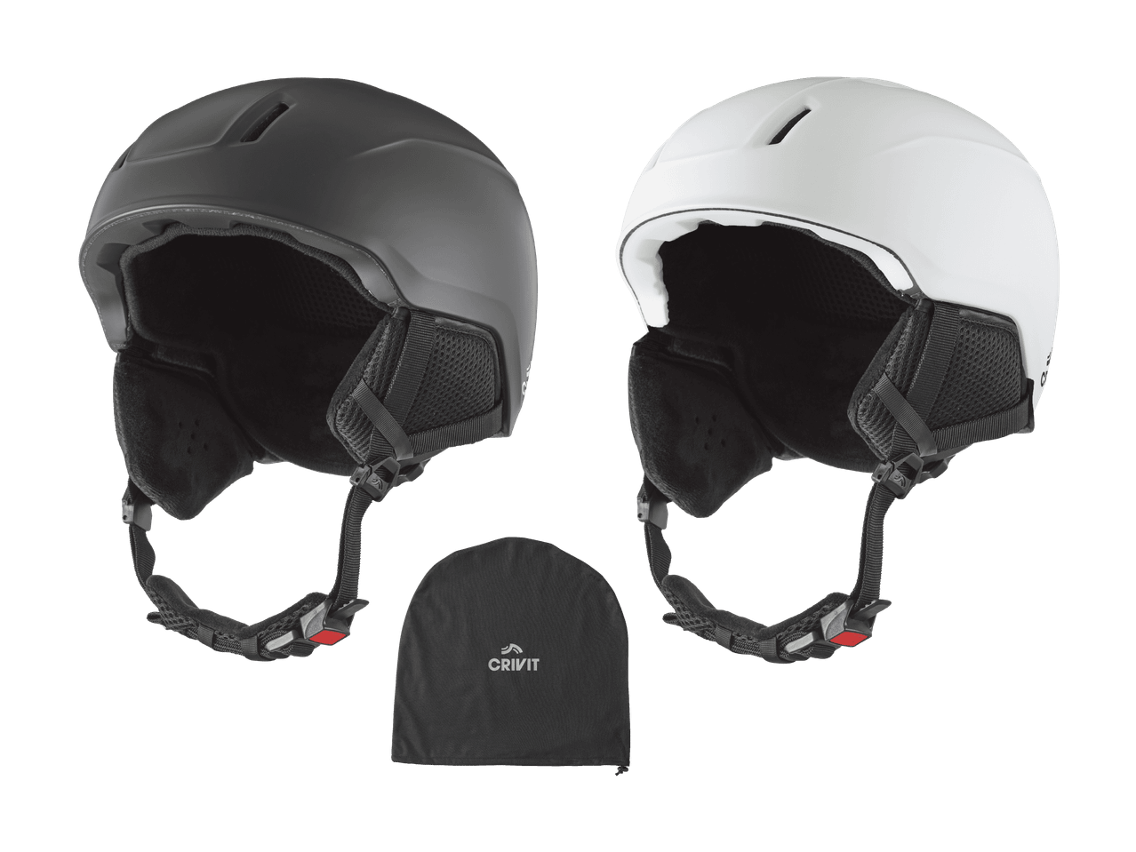 Deux casques de ski Crivit, un noir et un blanc, avec un sac de rangement.