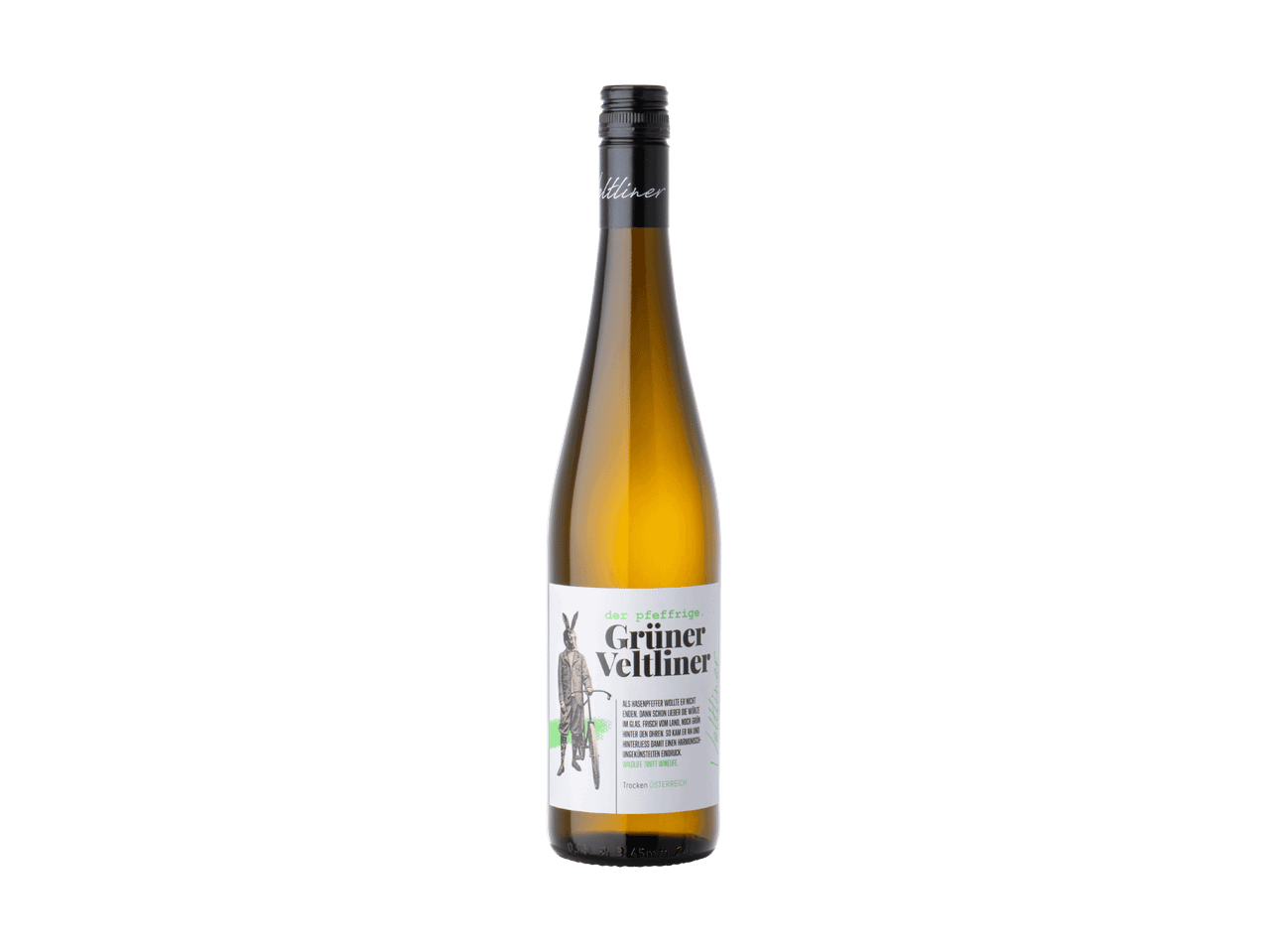 Flasche Weißwein mit einem Hasen auf einem Fahrrad auf dem Etikett und dem Text „Grüner Veltliner“.