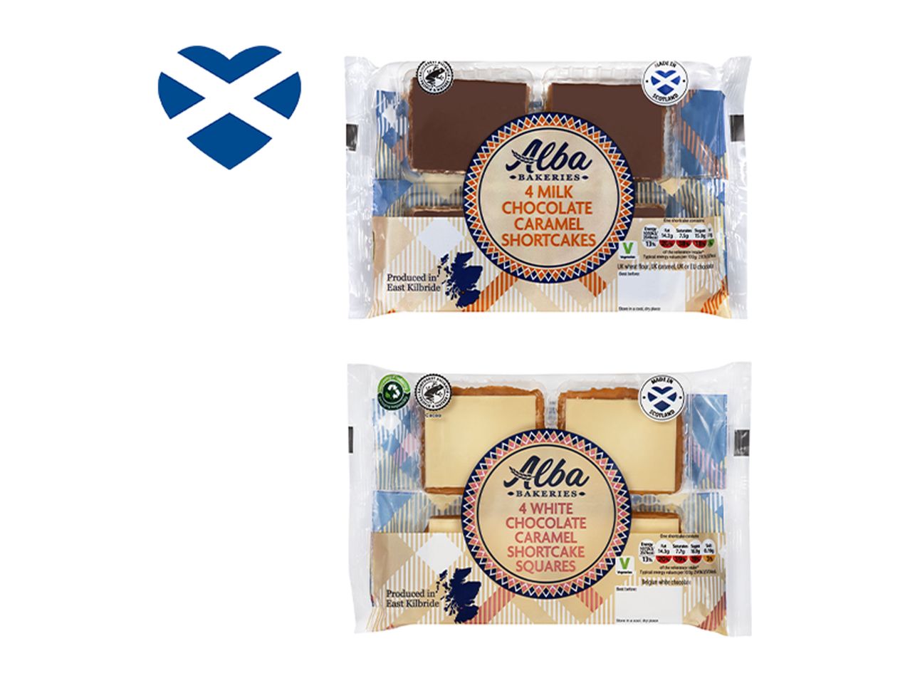 Alba Bakeries milk and white chocolate caramel shortcakes and squares.