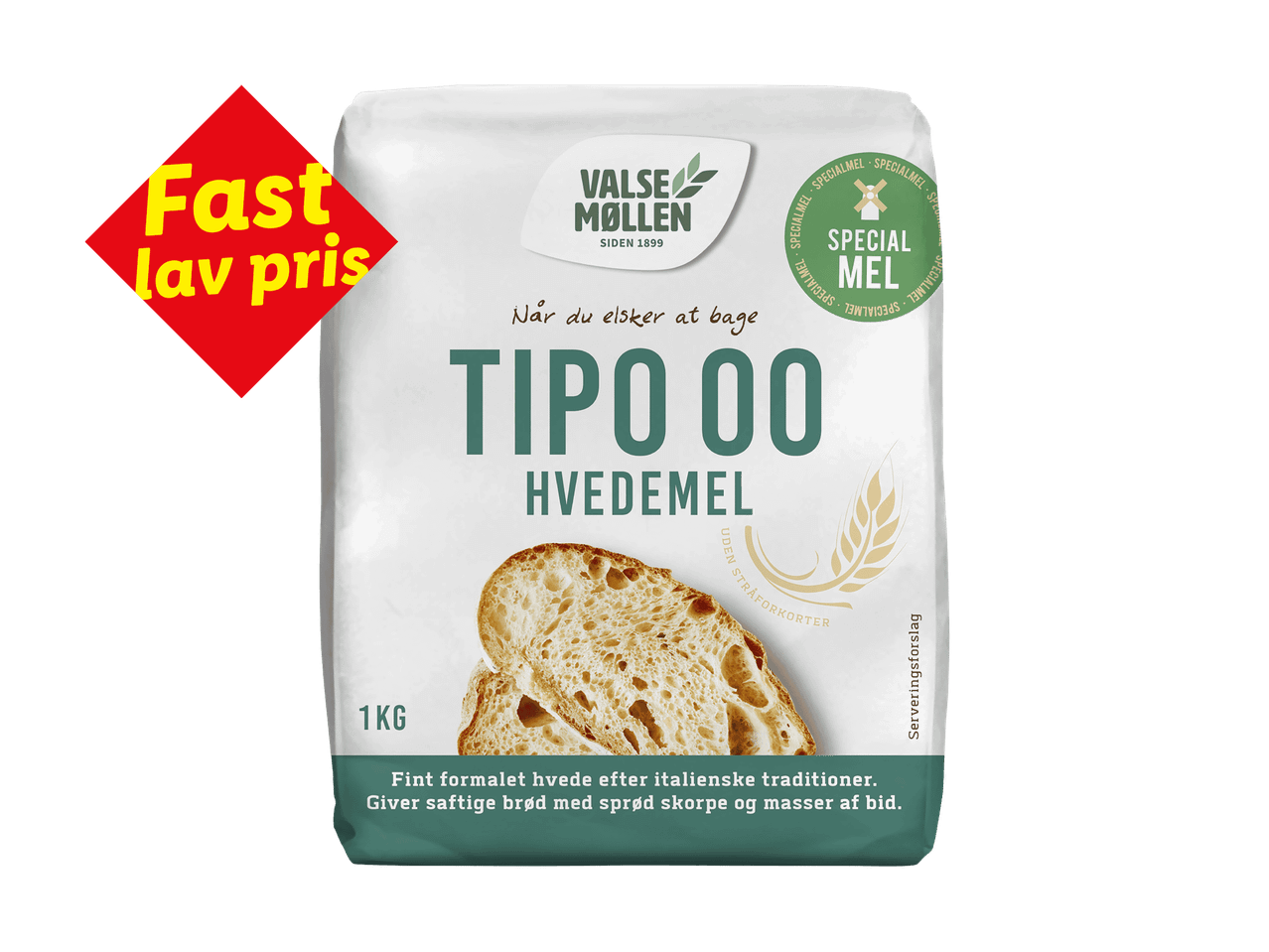 En pose Tipo 00 hvedemel med teksten 'Fast lav pris' og et billede af brød.