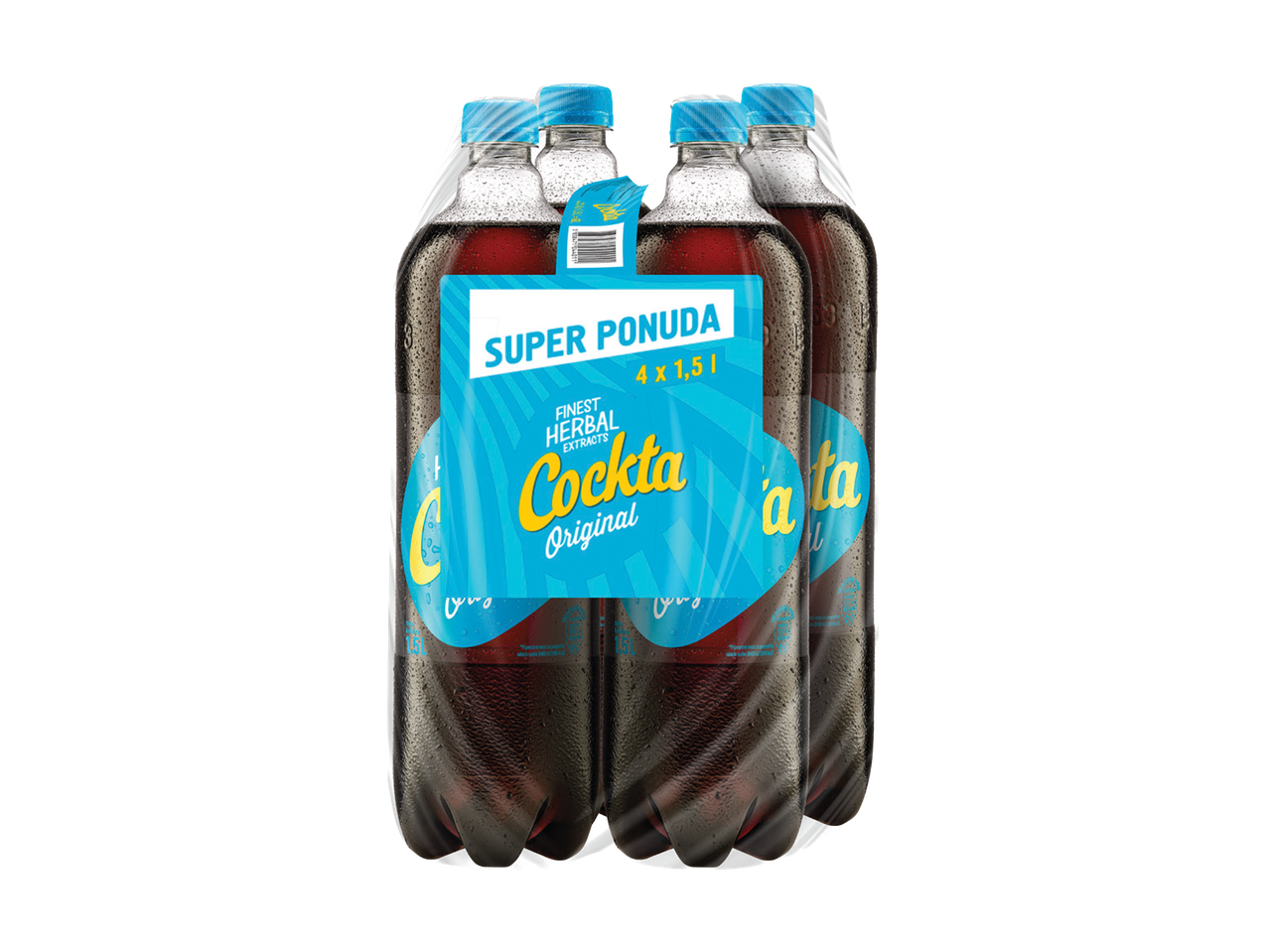 Pakovanje od četiri boce gaziranog pića sa biljnim ekstraktima, svaka zapremine 1,5L.