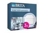 BRITA MAXTRA PRO Pure Performance water filter 3-pack with a glass of water.