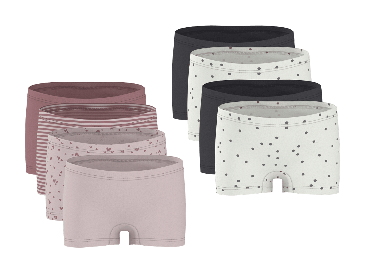 Culottes pour filles en rose et gris, avec des motifs à pois, à rayures et à cœurs.