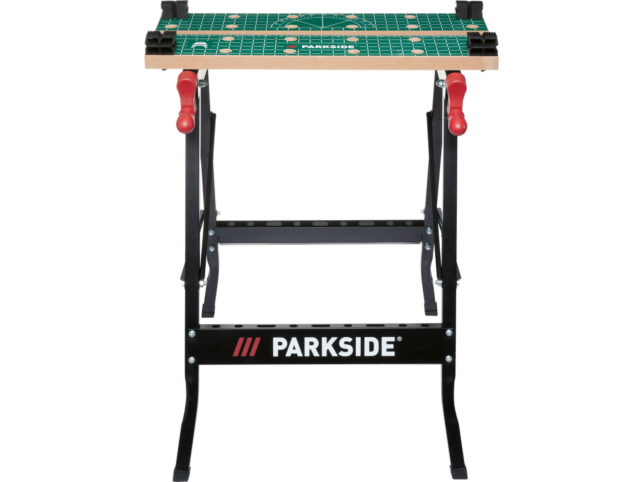Bancada de trabalho dobrável Parkside com tampo verde.