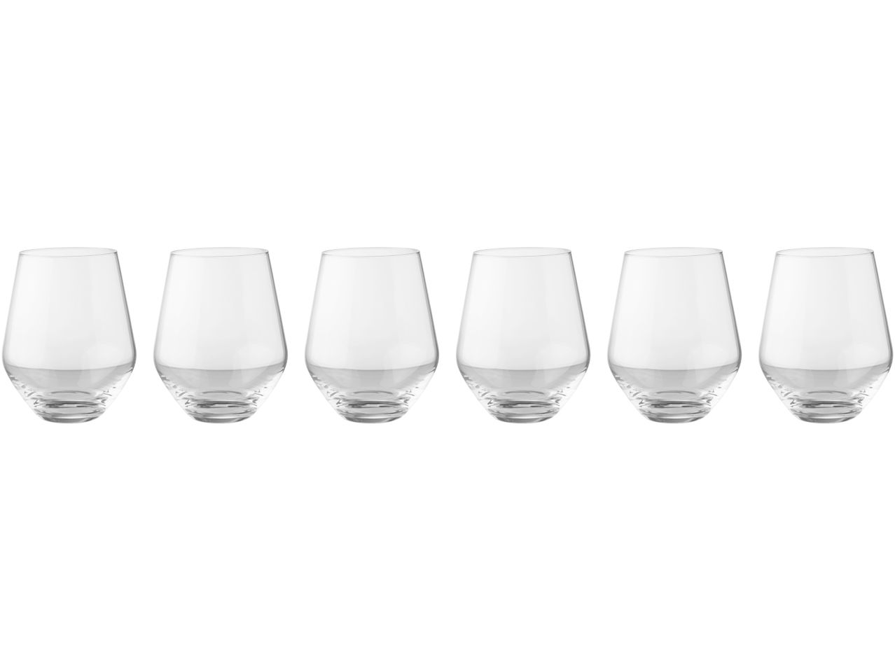 Six clear, stemmed glasses for beverages.