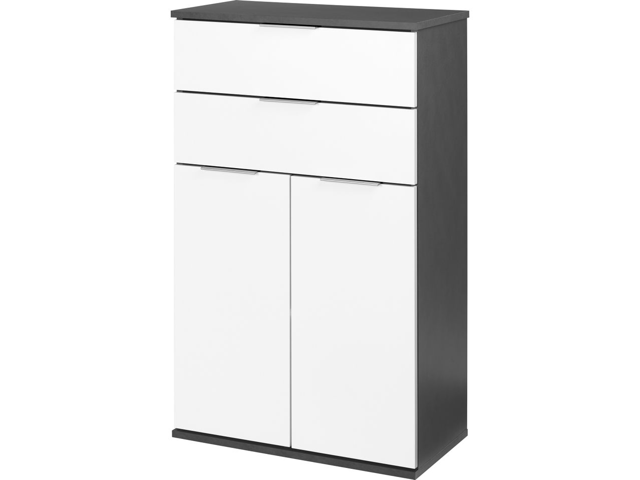 Tall, narrow cabinet with two white drawers and two white doors, dark gray frame.