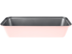A pink loaf pan with a dark gray nonstick interior.