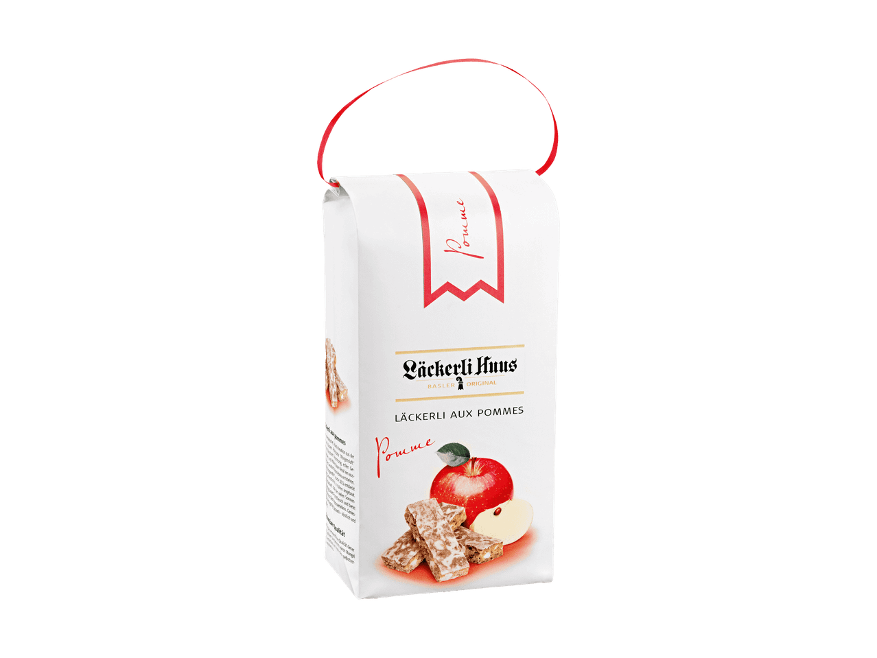 Packung Läckerli Huus Basler Original Läckerli aux Pommes mit rotem Apfel.