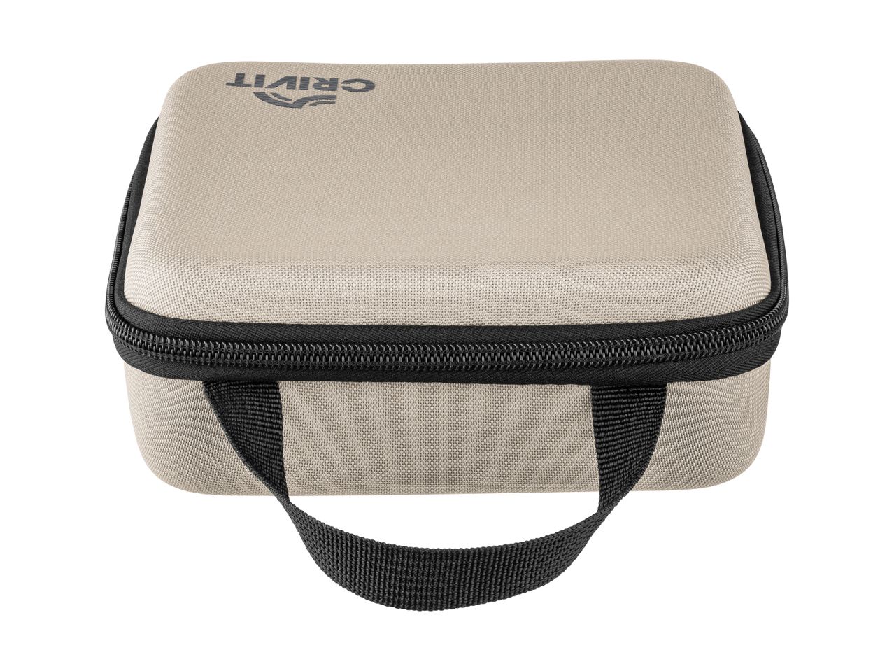 A beige Crivit brand carrying case with a black zipper and handle.