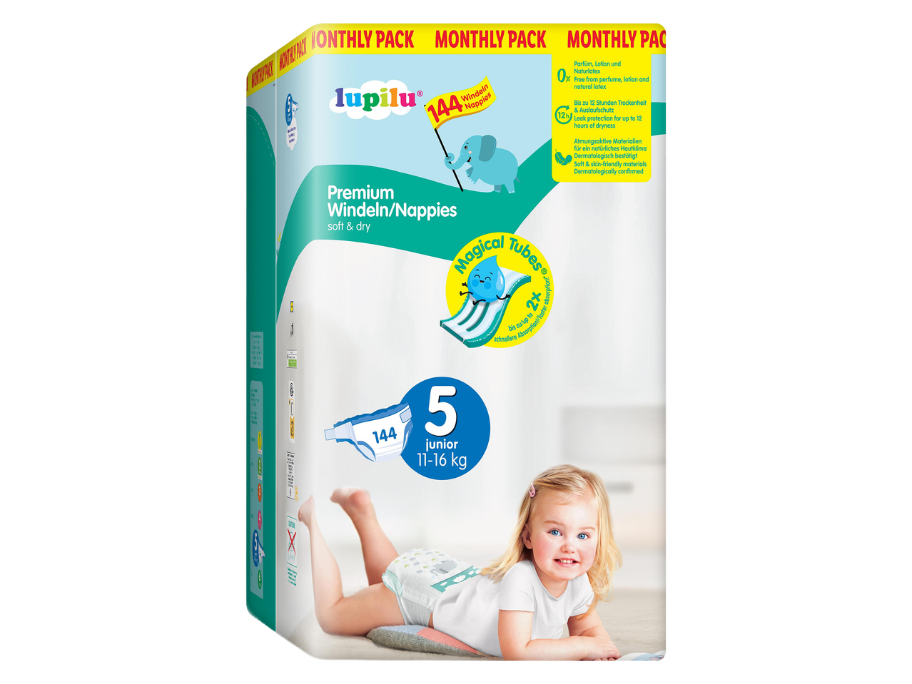 Lupilu pelenkák havi csomagban, 5-ös méret, 11-16 kg, 144 darab, puha és száraz.