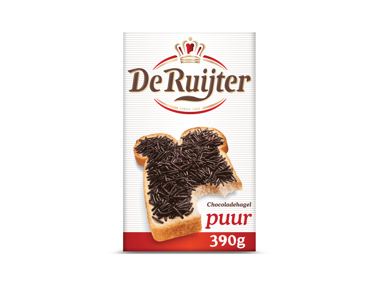 De Ruijter pure chocoladesuikerhagels (390g) op een boterham.