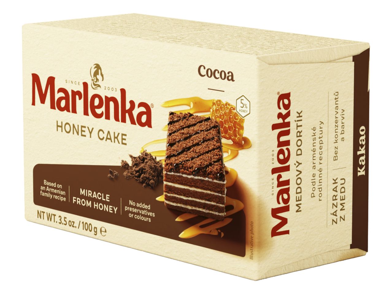 Škatla medene torte Marlenka s kakavom, ki prikazuje rezino torte in med.