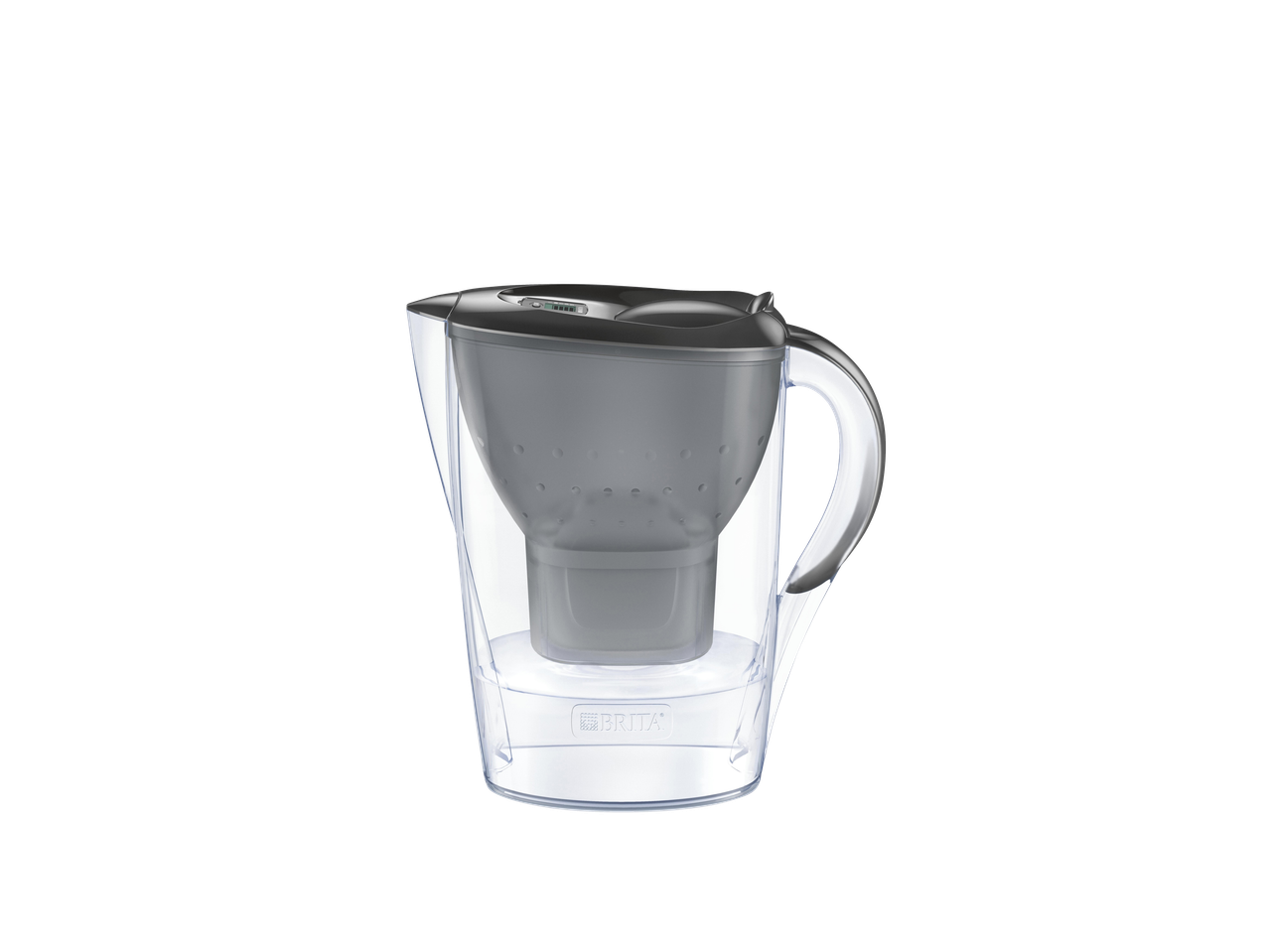 Clear water filter pitcher with a dark grey lid and internal filter, on a black background.