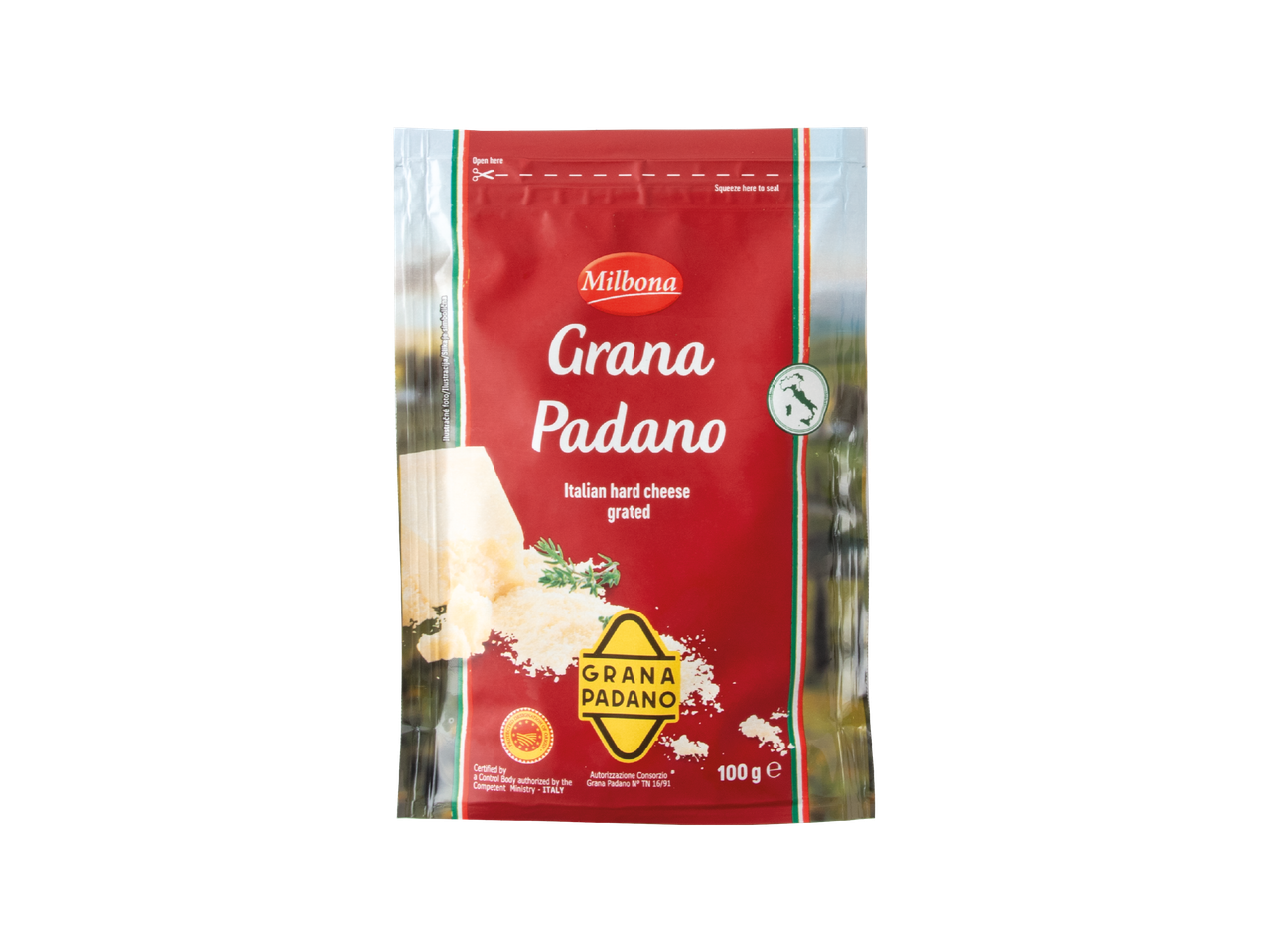 Milbona Grana Padano talijanski tvrdi sir, naribani, 100 g pakiranje.
