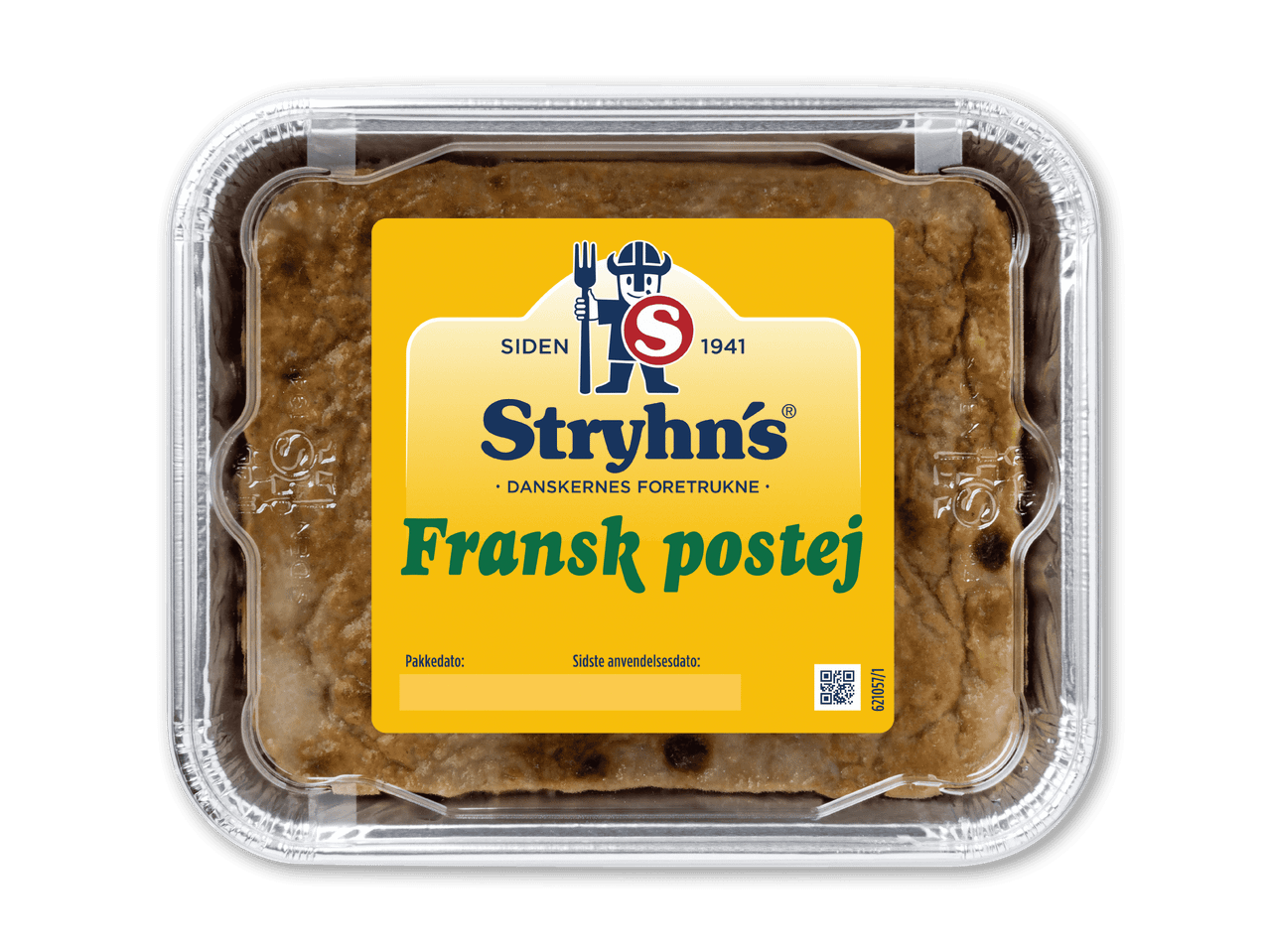 En bakke med fransk postej med en gul etiket, der viser en kok og teksten 'Fransk postej'.