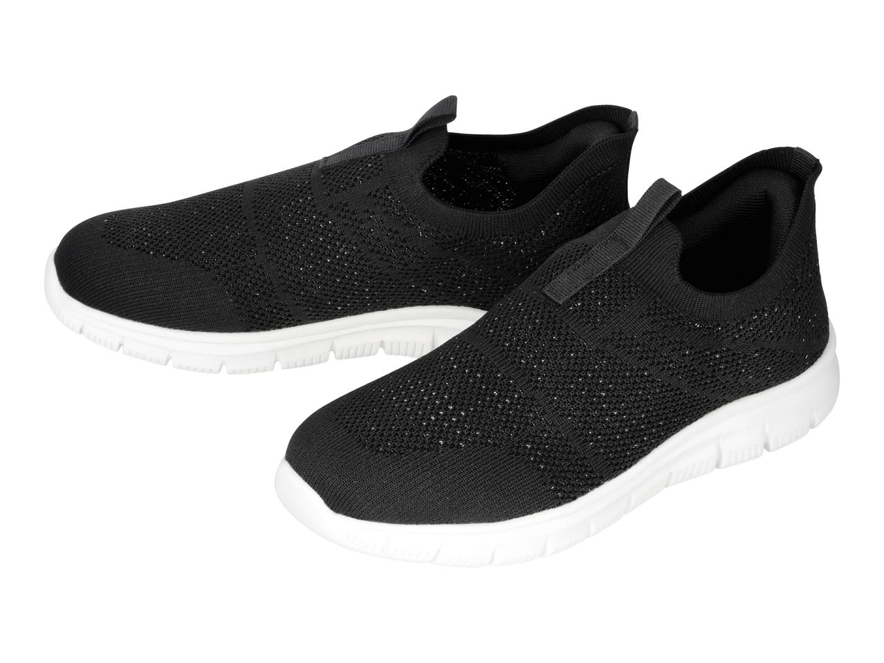 Pair of black slip-on sneakers with white soles