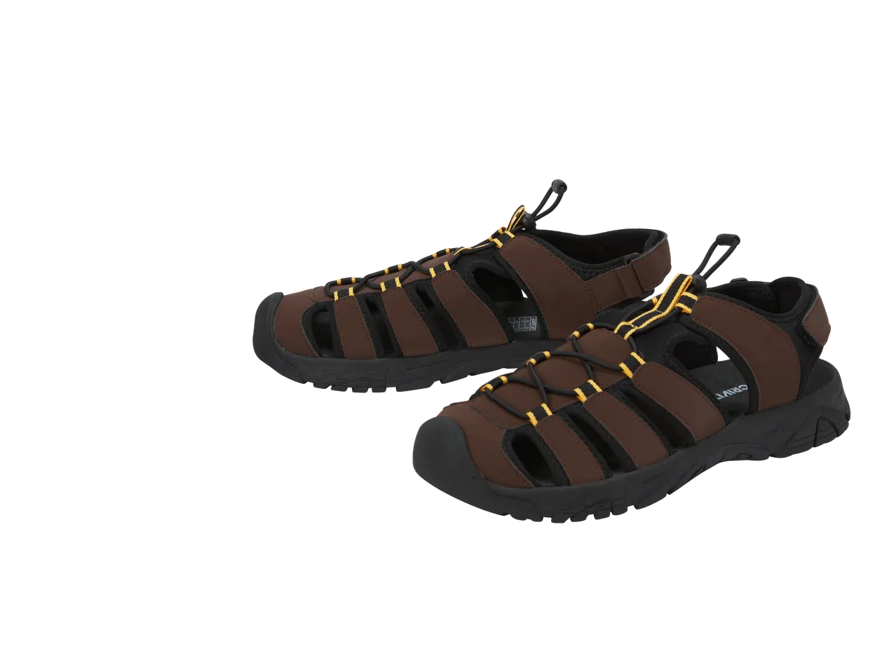 Pair of men's brown and black outdoor sandals with yellow accents.
