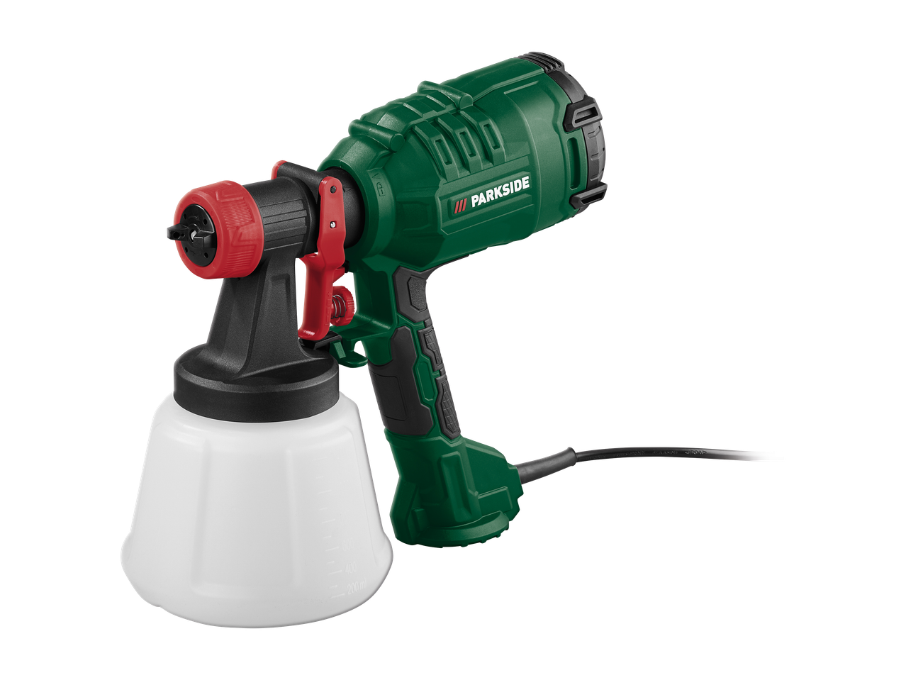 Zelena električna pištola za barvanje z belo posodo za barvo in rdečimi poudarki.