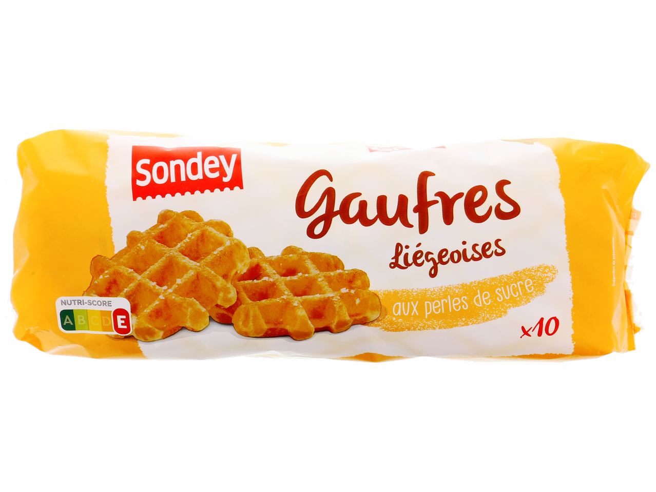 Paquet de gaufres liégeoises aux perles de sucre, avec un Nutri-Score E.