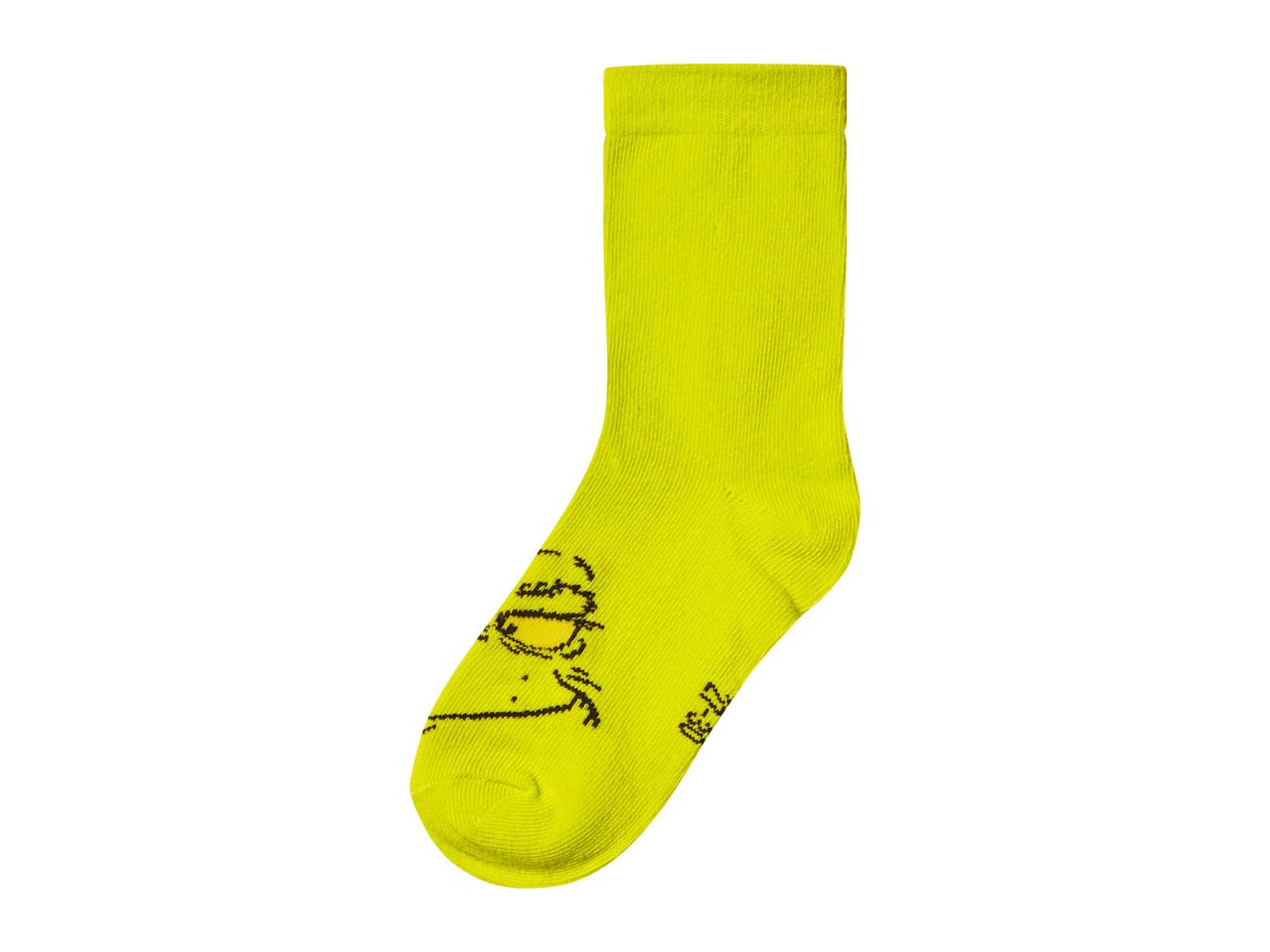 Single neon yellow sock with a black cartoon face and size 27-30 printed on it.