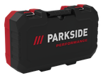 Черна кутия за инструменти с червени акценти и надпис „PARKSIDE PERFORMANCE“.