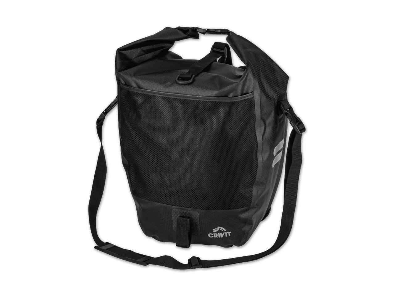 Eine schwarze Crivit Fahrradtasche mit Schultergurt.