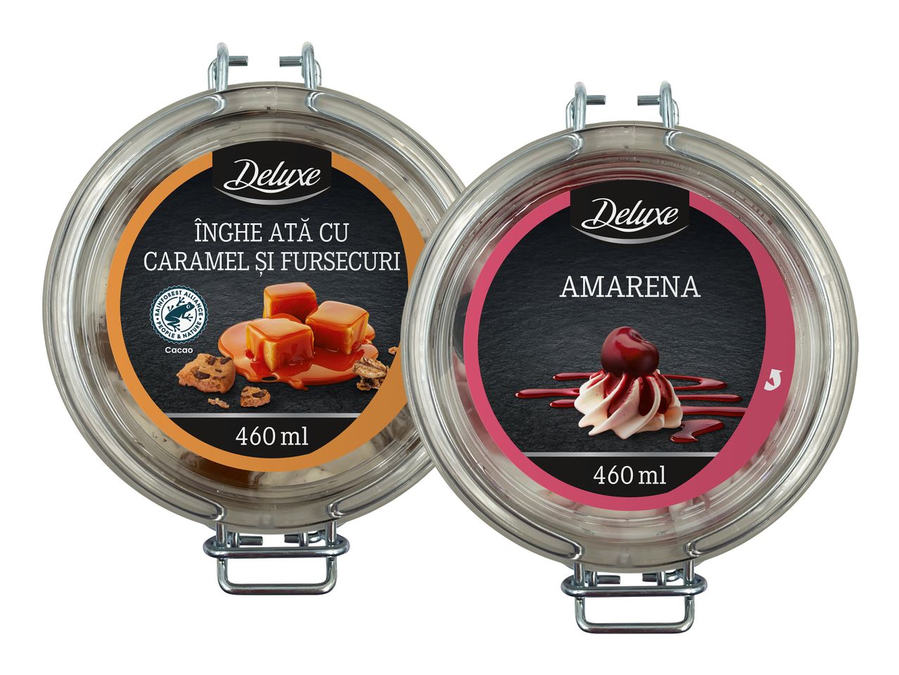Două borcane Delifrance cu dulceață: caramel cu nuci și amarena.