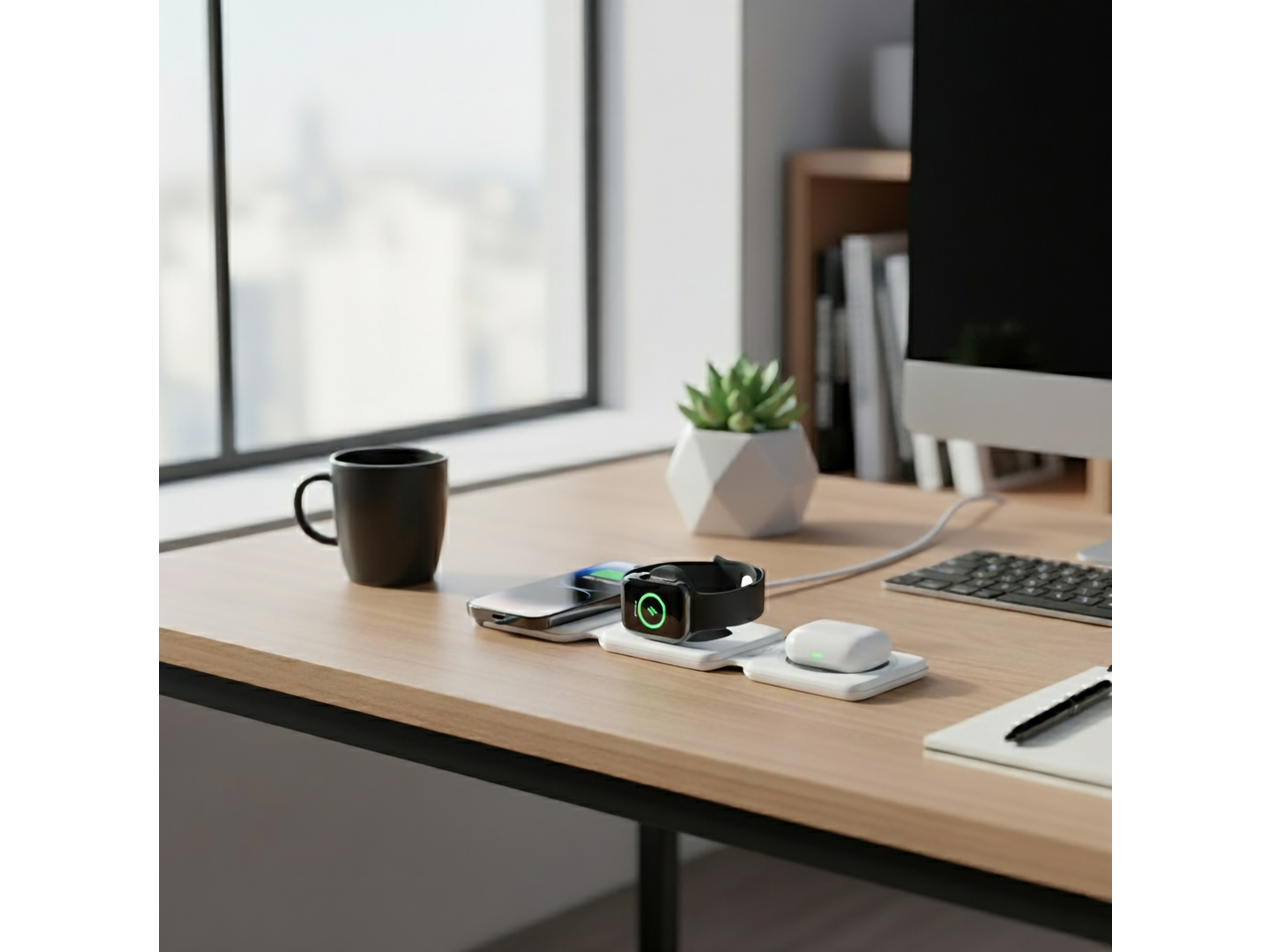 Carregador sem fios dobrável VALE 3 em 1 com telemóvel, smartwatch e auriculares numa secretária.