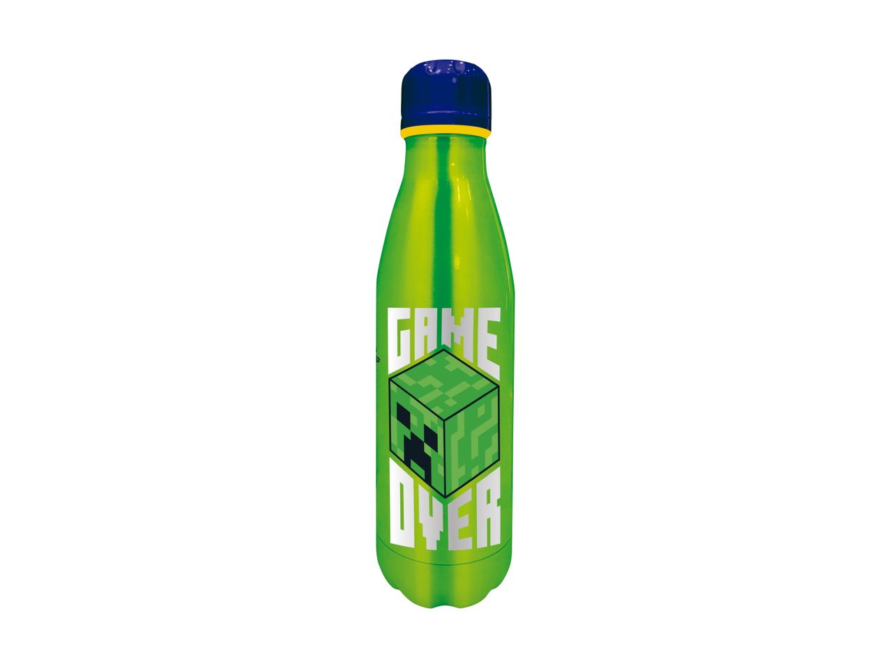 En grøn Minecraft-vandflaske med teksten 'GAME OVER' og et creeper-motiv.