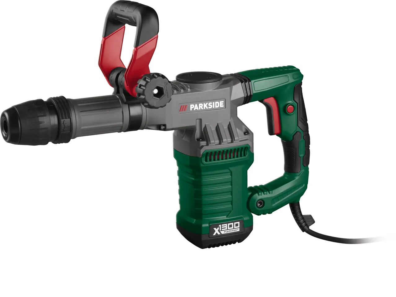 Σφυρί κατεδαφίσεων Parkside X1300, πράσινο και κόκκινο ηλεκτρικό εργαλείο.