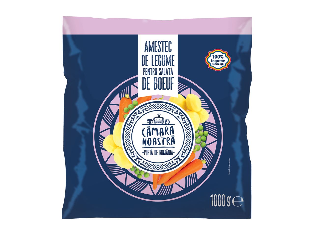 Pungă de legume congelate 'Amestec de legume pentru salată de boeuf' de la Cămara Noastră, 1000g.