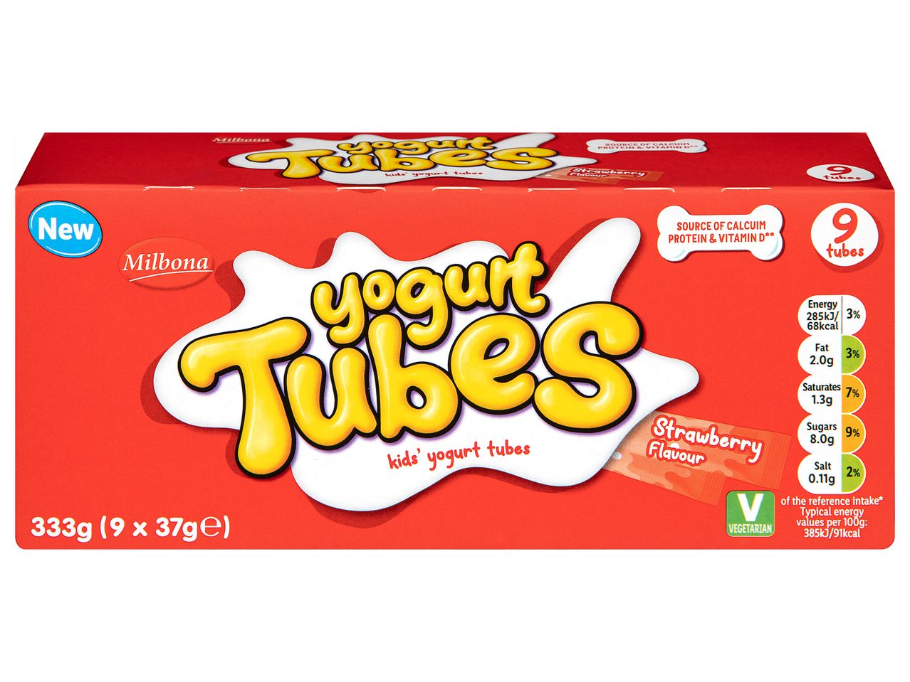 Milbona Yogurt Tubes, a new strawberry-flavored kids' yogurt snack in a 9-pack box.