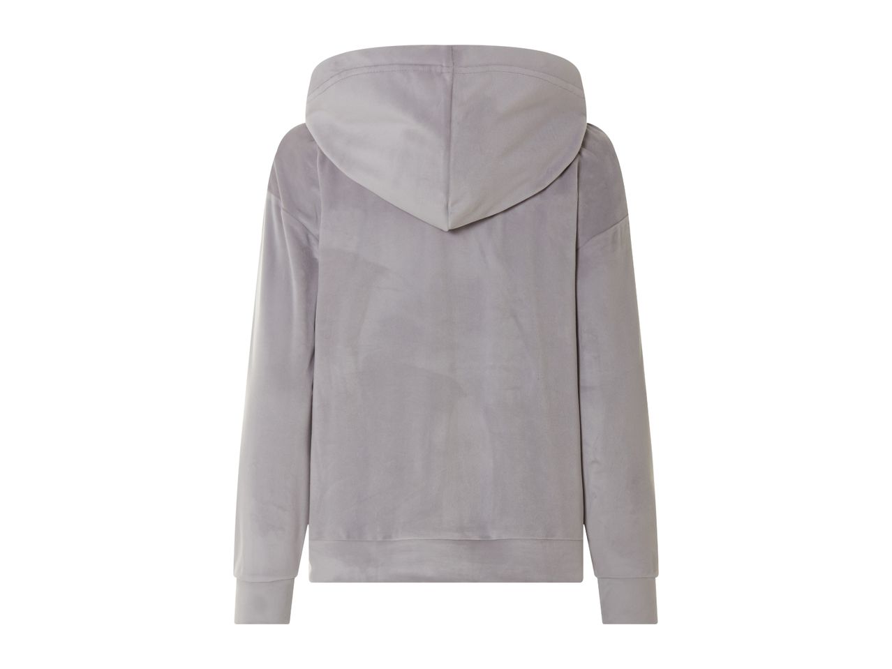 Back view of a light gray velour hoodie with a hood and ribbed cuffs.