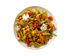 Massa penne com mussarela, tomates e nozes.