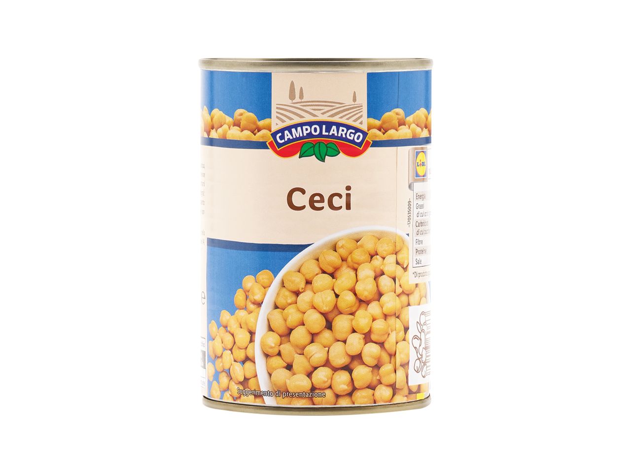 CAMPO LARGO Ceci (chickpeas) can with a bowl of chickpeas on the label