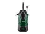 Green and black pressure washer with hose and nozzle attachments.