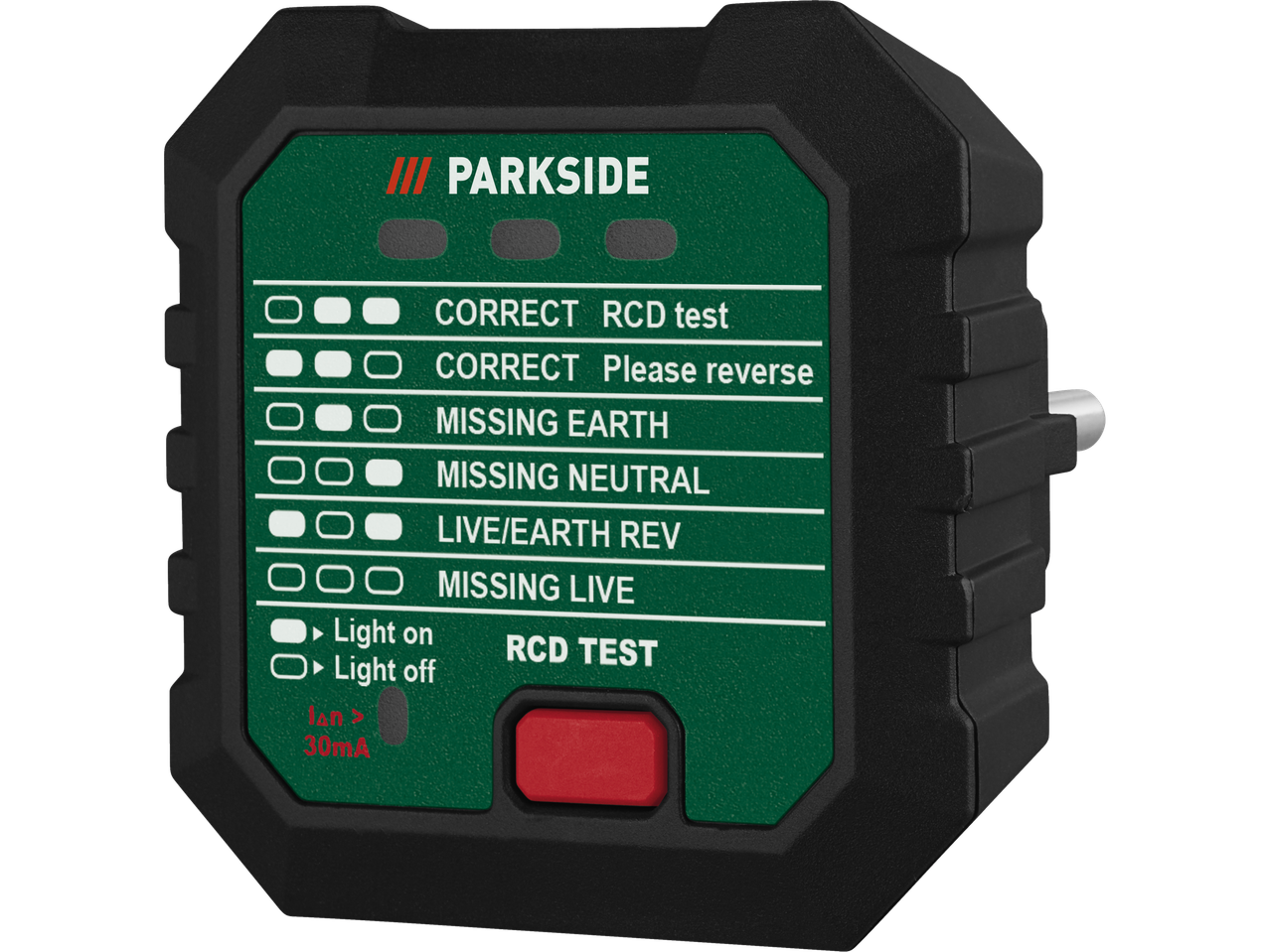 Parkside ligzdas testeris ar RCD testa funkciju un LED indikatoriem