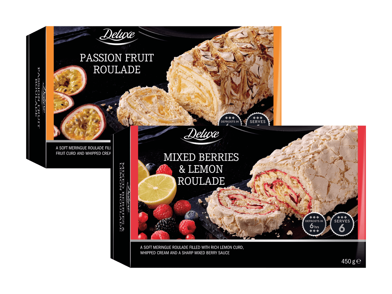 Zwei Packungen Meringue-Rouladen: eine mit Passionsfrucht und eine mit gemischten Beeren und Zitrone.