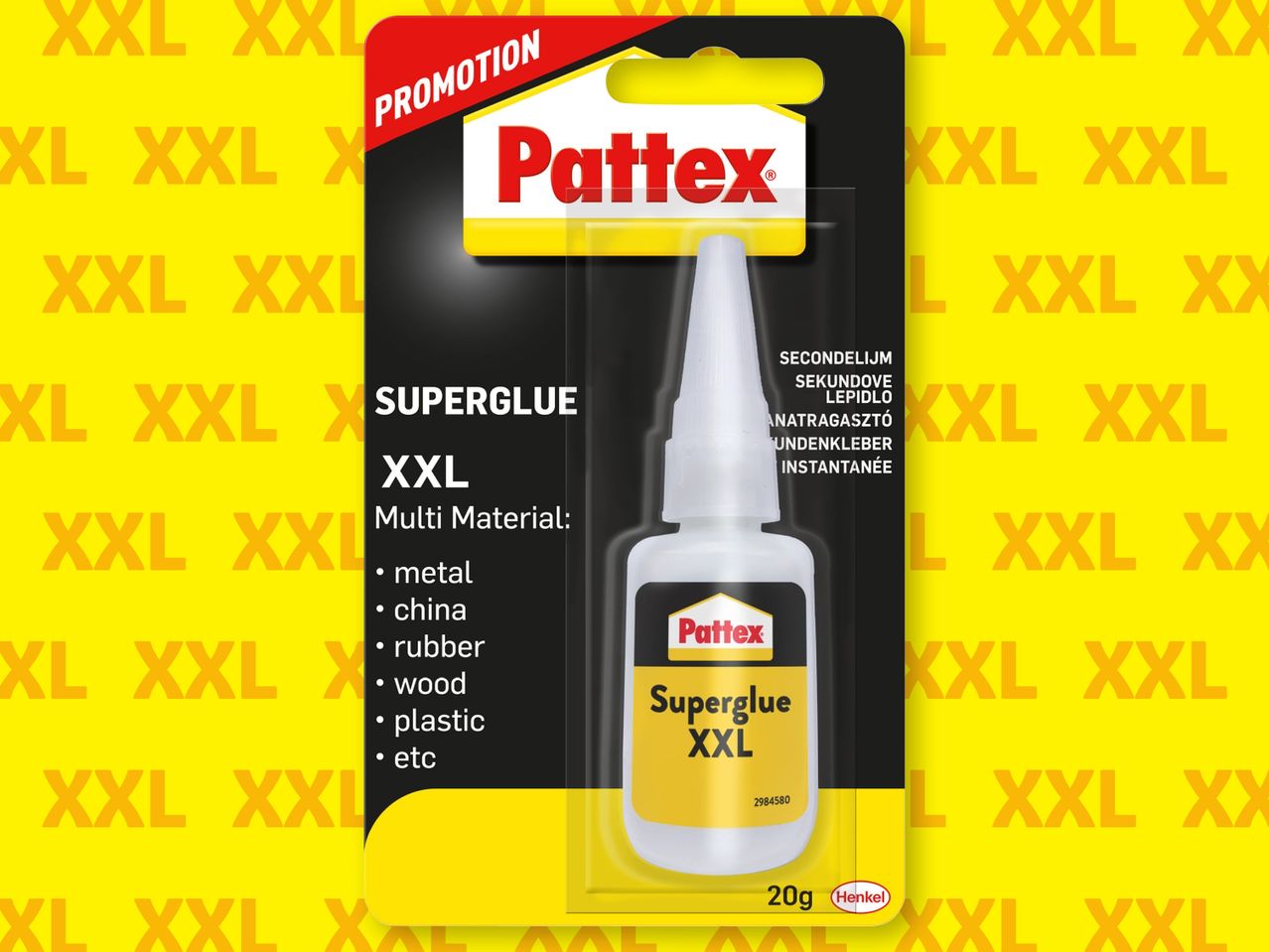 Секундно лепило Pattex XXL, показана на жълт фон с надпис XXL.