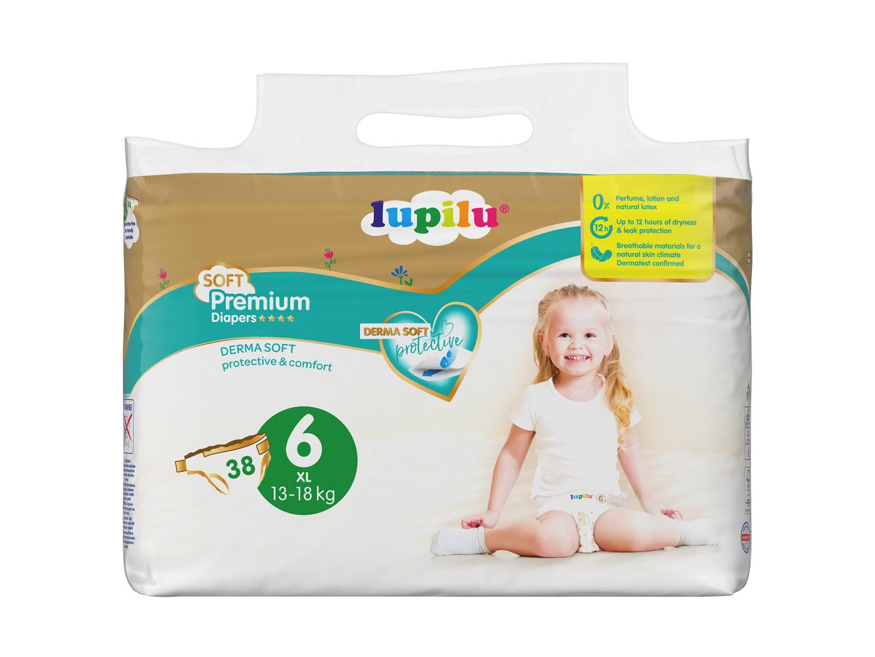 Lupilu Premium sauskelnės, 6 dydis (XL), 38 vnt., skirtos vaikams nuo 13 iki 18 kg.